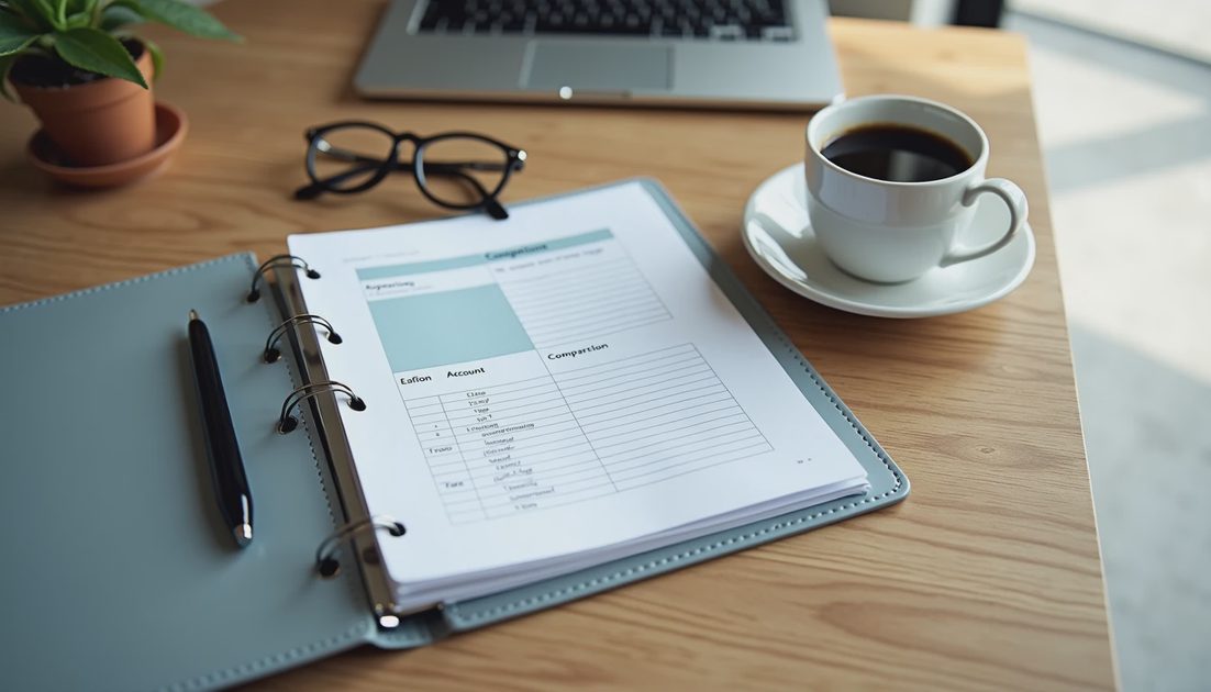 A two-page device and access checklist on a small office desk, the core of a basic compliance checklist