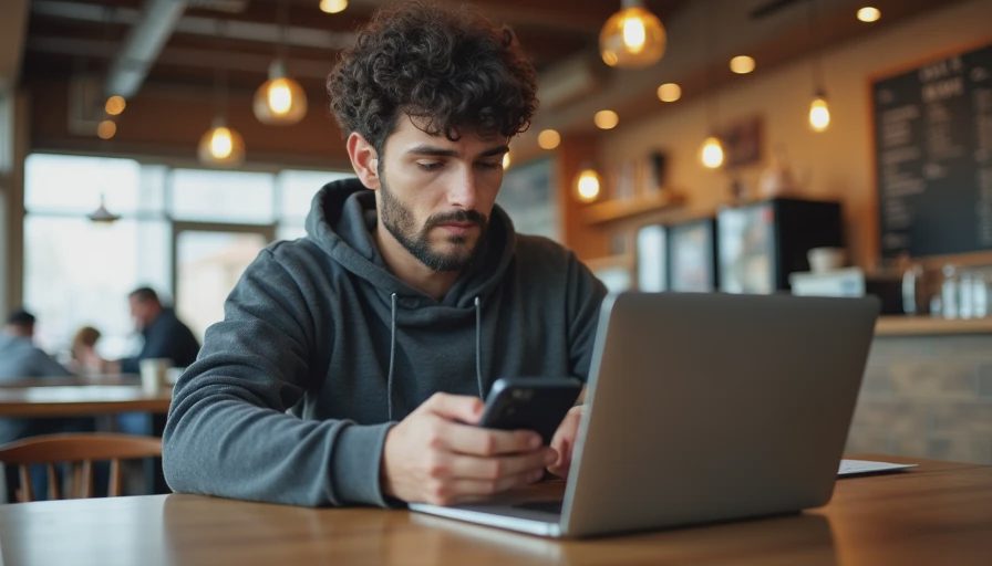 remote worker enabling a phone hotspot at a coffee shop instead of logging in over public Wi-Fi