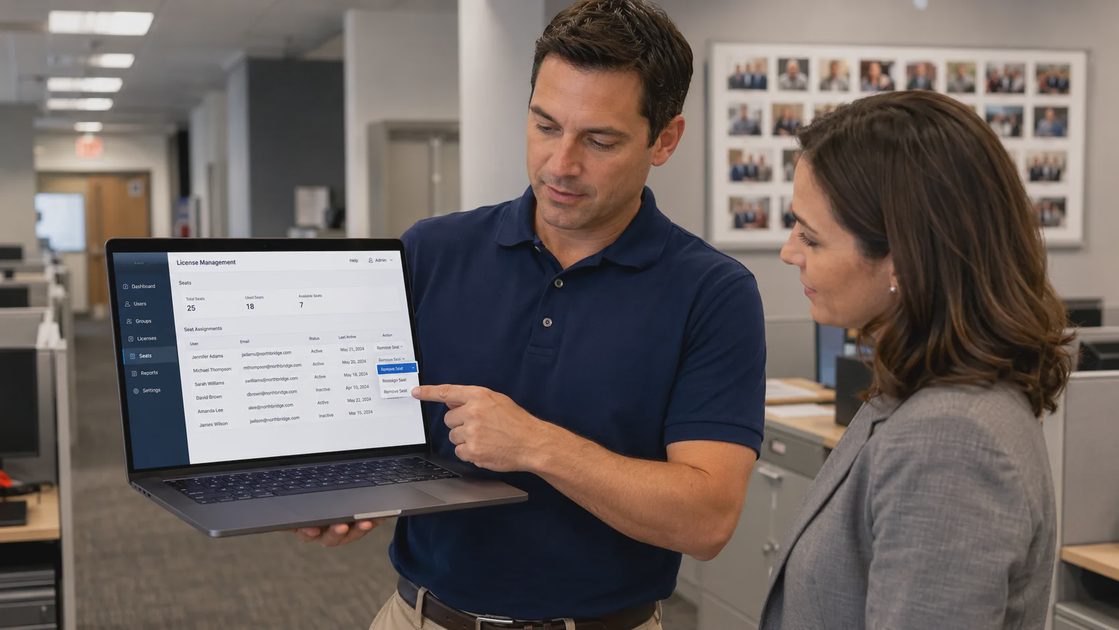 IT consultant showing an office manager how to add and remove per-seat antivirus licenses from a central console