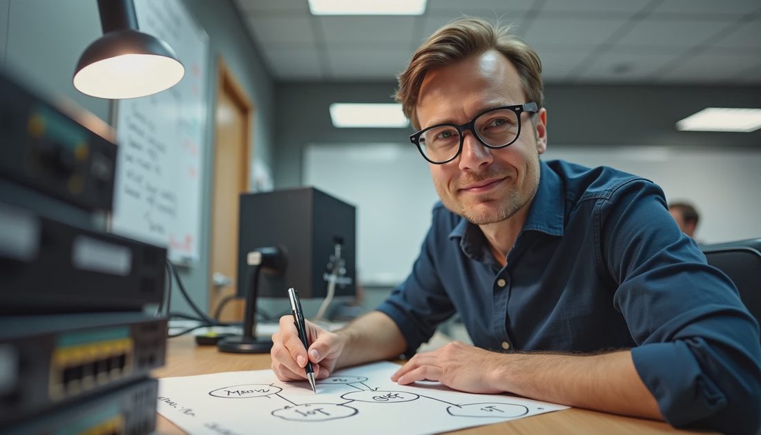 IT manager reviewing network separation diagram for office network security basics