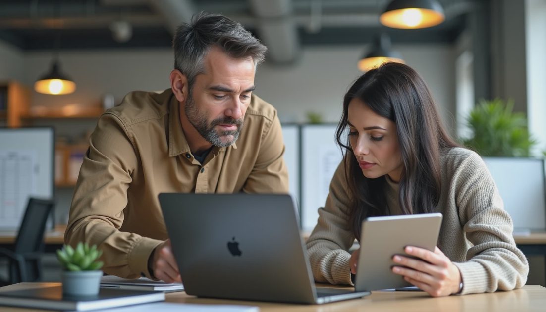 Small business owner showing which devices need endpoint protection to an assistant