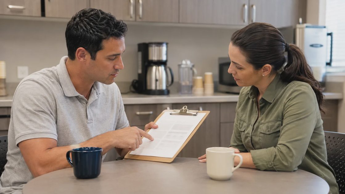Two employees reviewing a one-page security policy in the office break room