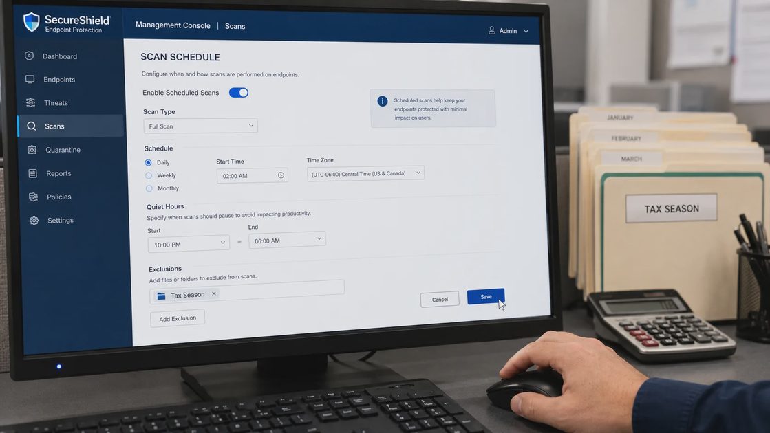 scheduling a quiet-hour antivirus scan during tax season in an accounting firm office