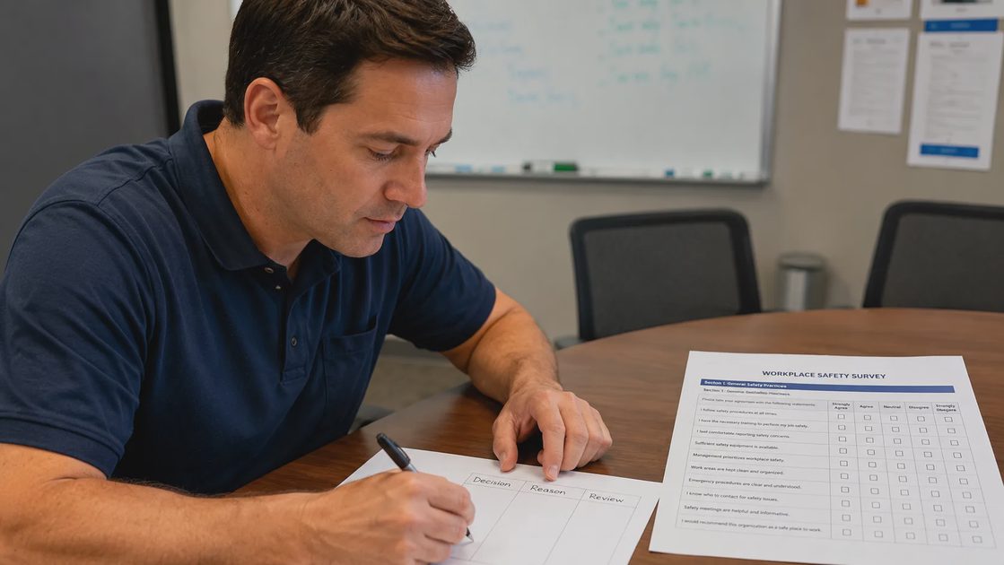 office manager writing a security decision record down before a verbal decision is lost