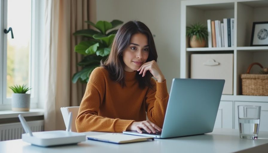A hybrid team member on a video call while her office evaluates antivirus software