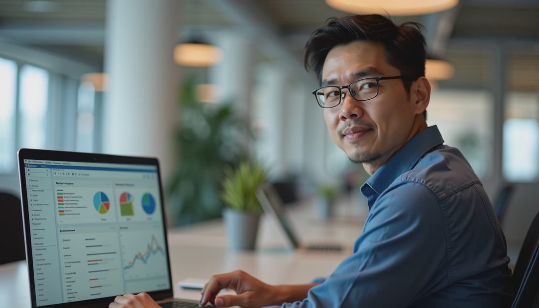 Office manager reviewing endpoint security console for small business antivirus