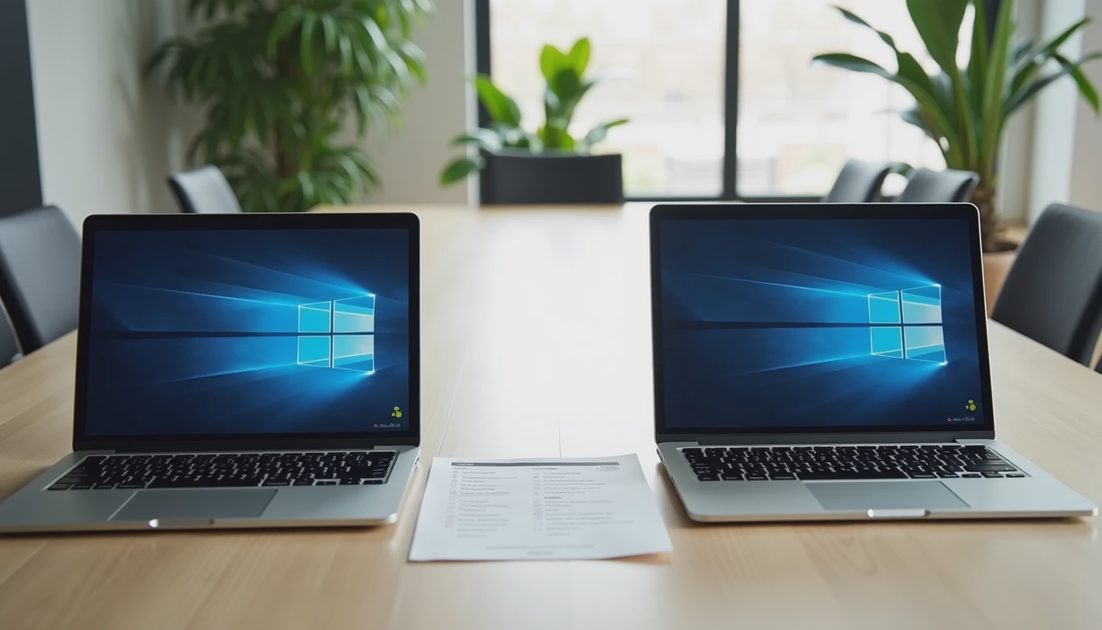 Windows and Mac laptops side by side with small office antivirus checklist