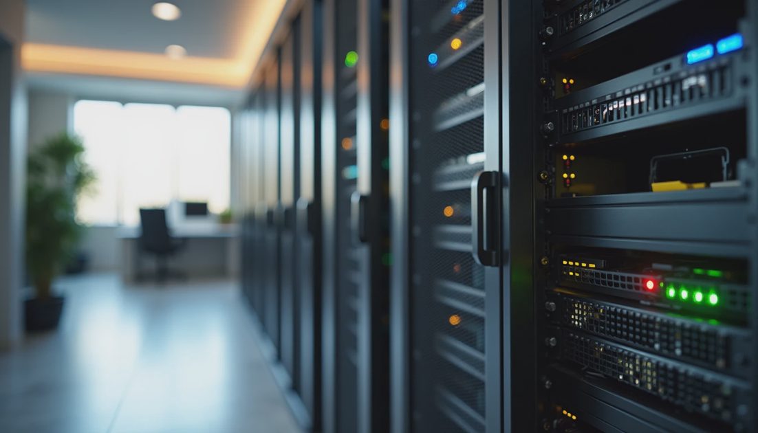 Small office server cabinet with organized networking equipment during routine security review