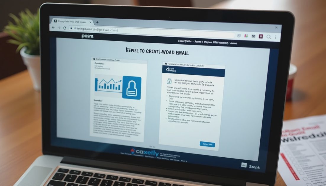 Laptop screen comparing a phishing email with a legitimate notice next to a printed three-second check list