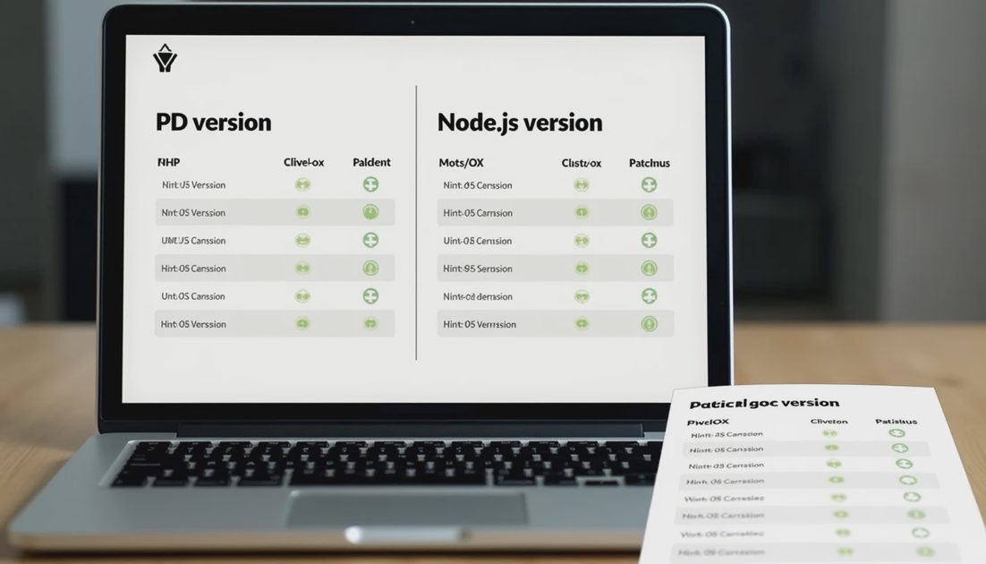 Laptop showing PHP and Node.js version status side by side with a printed security checklist